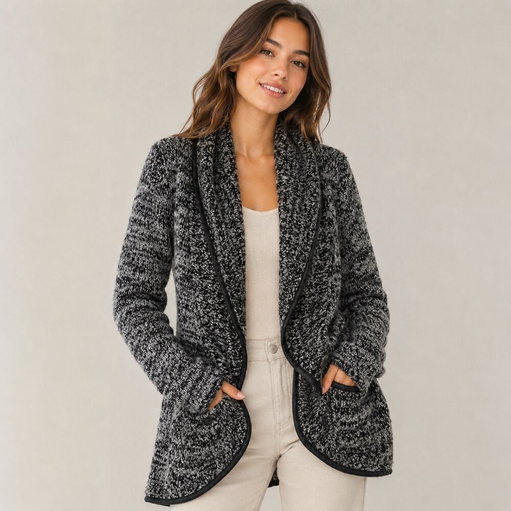 Express Cardigan Chunky Knit Sweater Women’s Medium Black Ruffle Thick Soft Warm